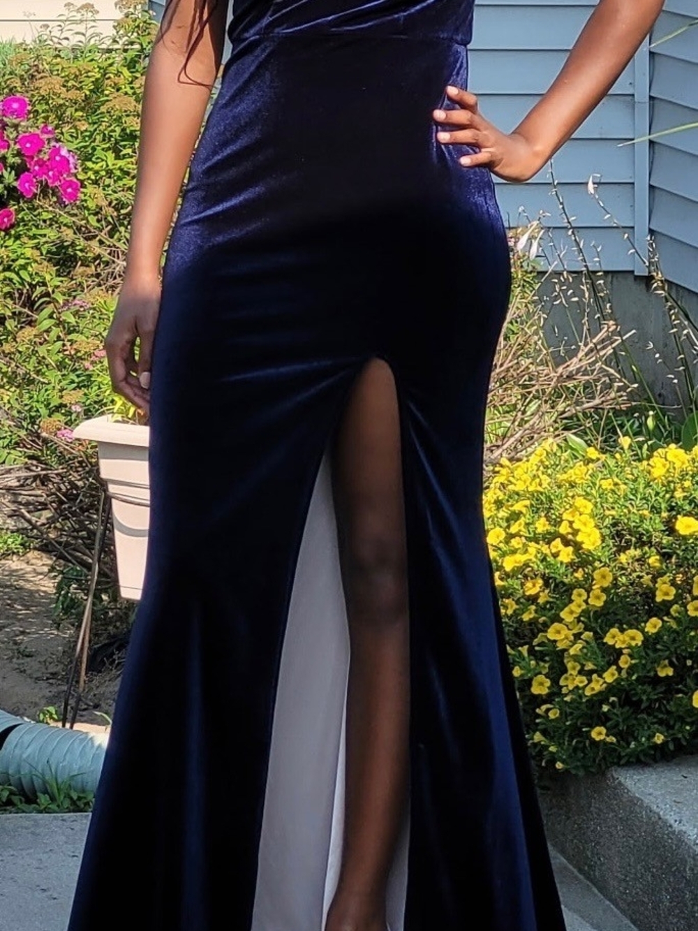 City Studio Navy Velvet Gown with Front Thigh Slit
